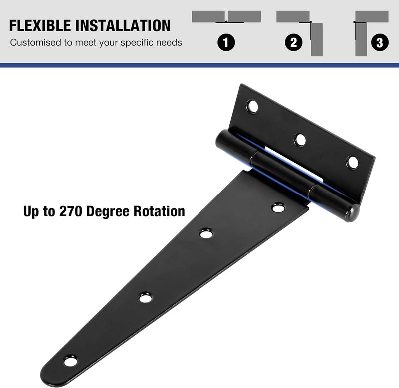 TDCHINGES 8 Inch Heavy Duty T Strap Tee Hinge 6 Pack Barn Farm Fence Gate Door Hinges for Shed Doors Outdoor Kitchen Wood Cabinet Interior Exterior Window Bar Shop Matte Blake Door Hinge Hardware Kit - Image 4
